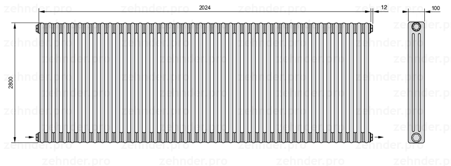 Схема (чертеж) Радиатор Zehnder Charleston 3280/44 №2670 Белый глянцевый RAL 9016